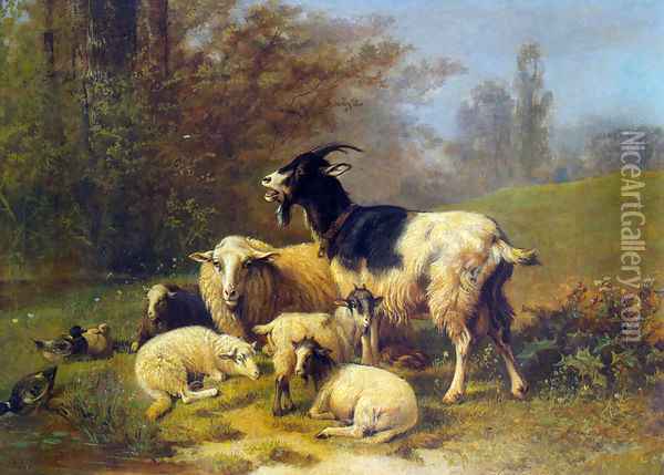 Sheep and Goats Resting on a Riverbank Oil Painting - Henri De Beul
