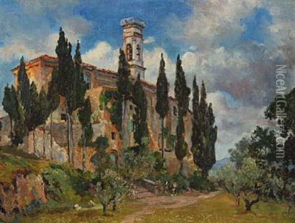 Scenery From Volterra With A Church And Cypresses Oil Painting - Viggo Pedersen