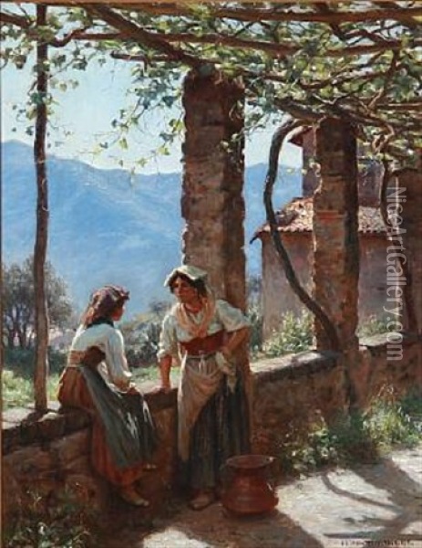 Pergola With Two Italian Women In Conversation, Mountainous Landscape In The Background Oil Painting - Niels Frederik Schiottz-Jensen