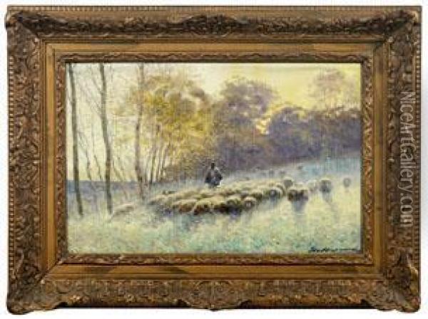 Schafer Mit Seiner Herde Im Abendlicht Oil Painting - Maurice Hagemans