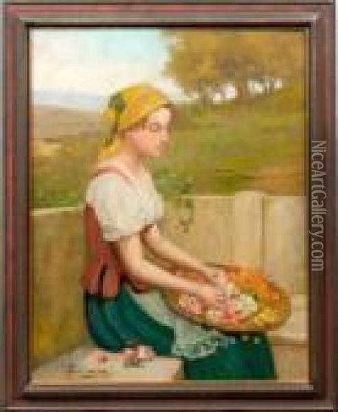 Sitzendes Bauernmadchen Mit Blumenkorb Oil Painting - Josef Johann Suss