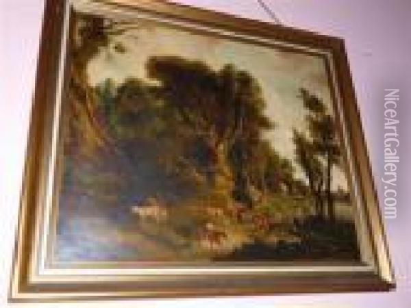 Figures With Cattle In A Wooded Landscape Oil Painting - George Morland