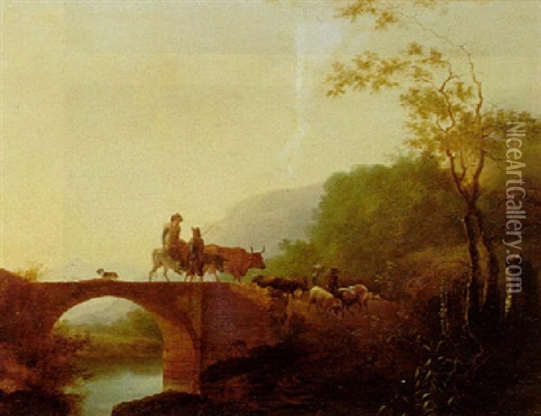 Herders On A Bridge With A Mountainous Wooded Landscape Beyond Oil Painting - Adam Pynacker
