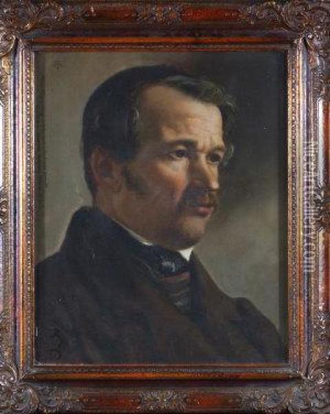 A Bust Portrait Of A Gentleman Wearing A Brown Coat And A Silk Cravat Oil Painting - Hans Thoma