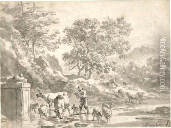 A Shepherd Playing The Flute, Crossing A Ford With His Flock Oil Painting - Nicolaes Berchem