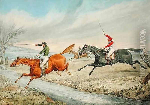 Steeplechasing Three Riders Taking a Brook Oil Painting - Henry Thomas Alken