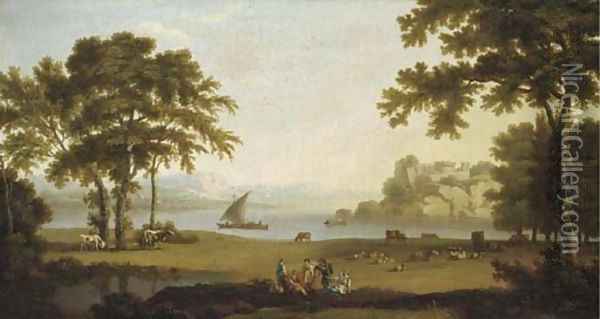 A landscape with figures at rest by sheep and cattle, boating on a lake and a hilltop fort beyond Oil Painting - Jakob Philippe Hackert