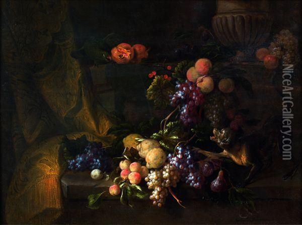 Nature Morte Aux Raisins, Singe Et Perroquet Oil Painting - Jan Pauwel Gillemans The Elder