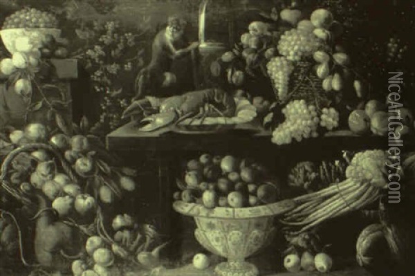 Nature Morte De Fruits, Homards Et Singe Oil Painting - Juan Van Der Hamen Y Leon