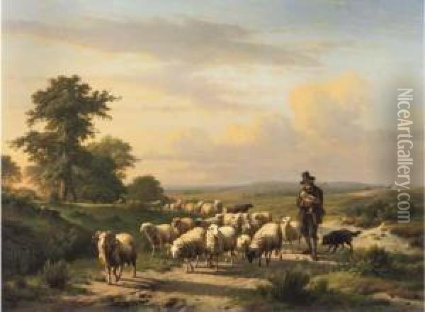 Leading The Flock Over The Heath Oil Painting - Eugene Verboeckhoven