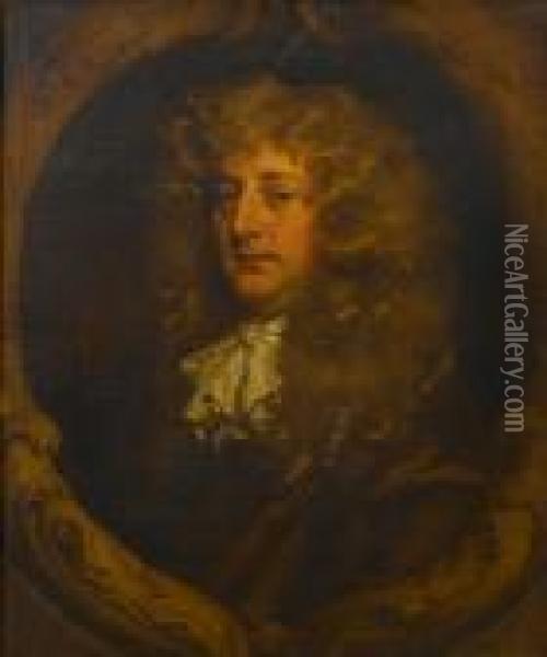 Portrait Of A Gentleman, 
Bust-length, In Arusset Coat With A White Jabot, Within A Stone 
Cartouche Oil Painting - Sir Peter Lely