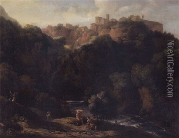 A View Of Tivoli, With The Teverone Flowing Beneath Oil Painting - Gaspard Dughet