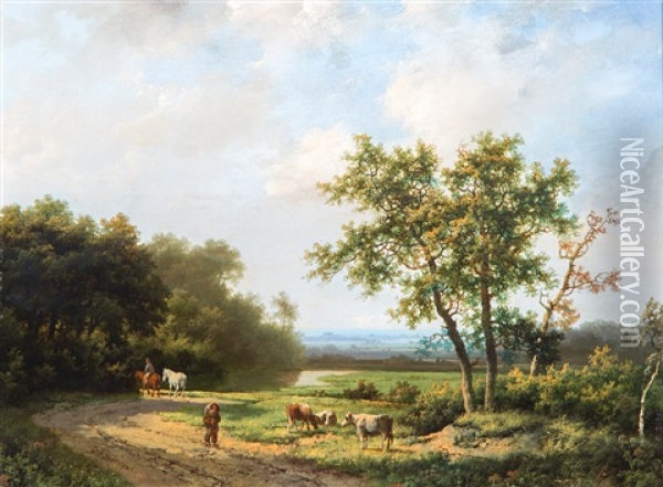 Boomrijk Landschap Met Koeherder Op Landweg Oil Painting - Marinus Adrianus Koekkoek