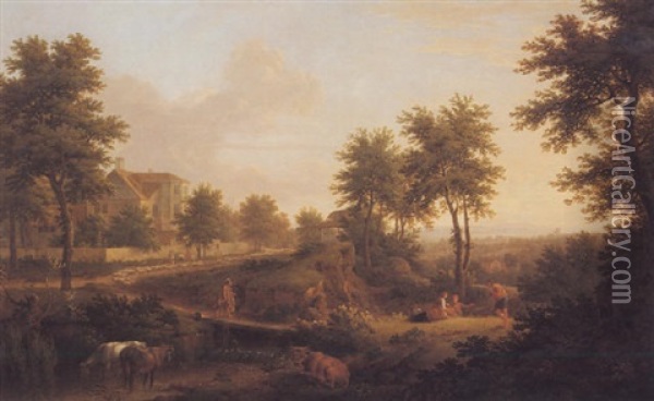 An Extensive Landscape With Figures And Sheep On A Path Passing A Country House Oil Painting - George Lambert