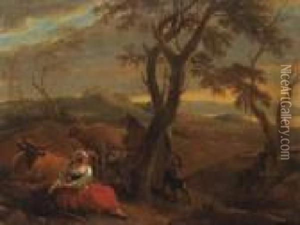 A Peasantwoman Resting At The Foot Of A Tree In An Italianatelandscape Oil Painting - Nicolaes Berchem