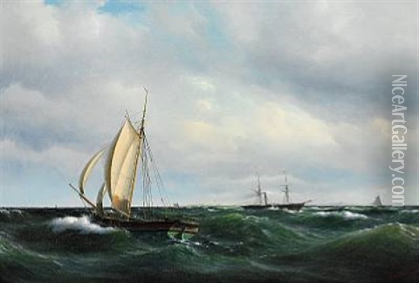Sailing Boats And Steamer Off The Coast Of Skagen Oil Painting - Vilhelm Melbye
