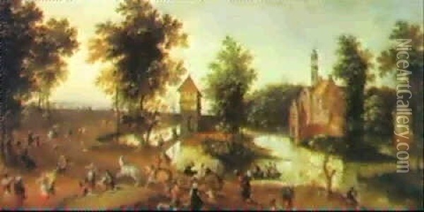 A Landscape With Many Figures And A Distant View Of         Antwerp Oil Painting - Jakob Grimer