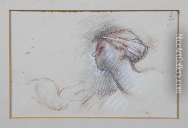 Head And Shoulders Sketch Of A Girl Wearing A Scarf On Her Head Oil Painting - Sir Edward John Poynter
