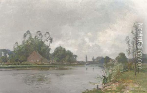Along A River In Summer Oil Painting - Cornelis Vreedenburgh