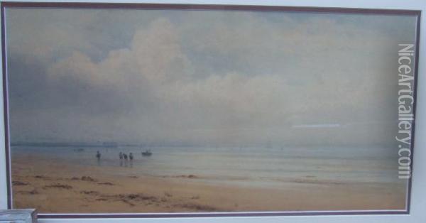 Beachscene With Figures At Low Tide Oil Painting - Henry Albert Hartland