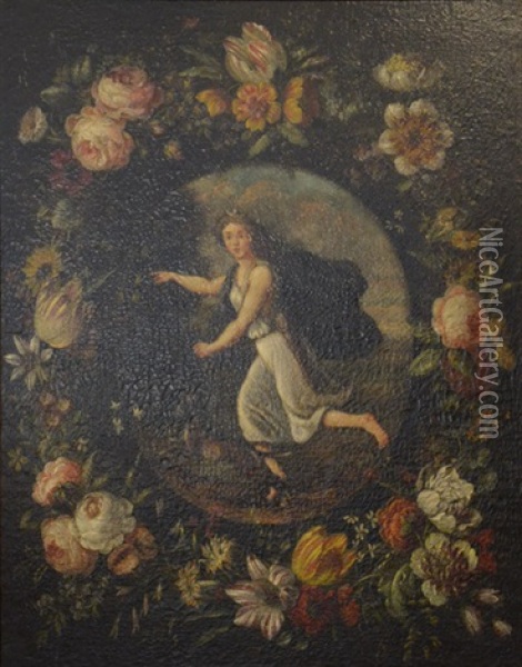 Guirlande De Fleurs Entourant Un Medaillon Avec Une Jeune Femme Oil Painting - Andries Daniels