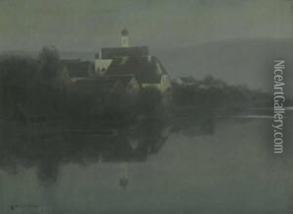 Kirchdorf Am Wasser Im
 Morgennebel. Oil Painting - Charles Joh. Palmie