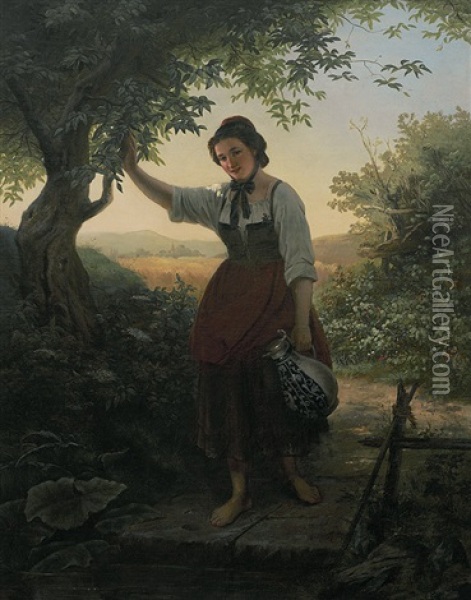 Madchen In Hessischer Tracht Mit Krug In Sommerlicher Erntelandschaft Oil Painting - Theodor Wolfhagen