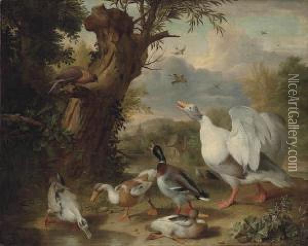 Bogdani A Goose, Ducks And A 
Raptor By A Pond In A Wooded Landscape, A Farmyard And A Church Beyond Oil Painting - Jakob Bogdani Eperjes C