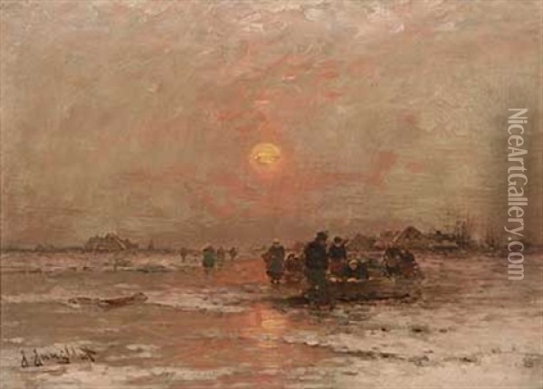 Eisfischer Verkaufen Den Fang In Der Abendsonne Oil Painting - Johann Jungblut