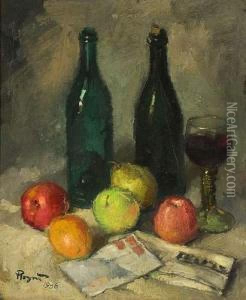 Nature Morte Aux Fruits Et Aux Bouteilles De Vins Oil Painting - Vladimir Rozmainsky