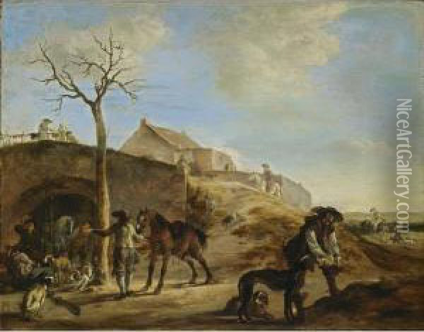 A Landscape With Huntsmen 
Preparing For The Hunt, Together With Their Hounds And Horses, A Stone 
Bridge With Figures Nearby, With A Fortified House In The Background Oil Painting - Dirck Willemsz. Stoop
