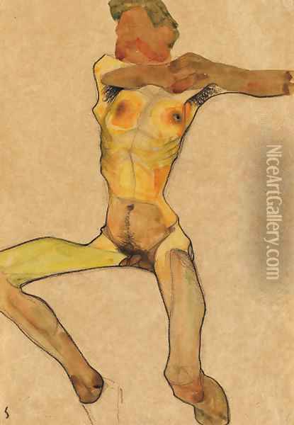 Mannlicher Akt, gelb Oil Painting - Egon Schiele