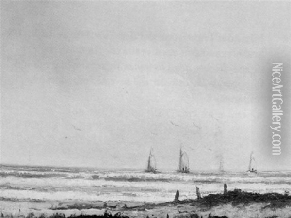 Vessels Off A Coastline Oil Painting - Louis Artan De Saint-Martin