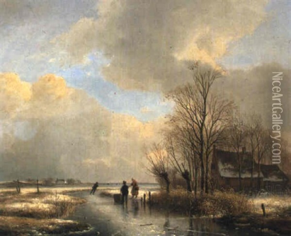 Winter Landscape With Skaters On A Frozen Ditch Oil Painting - Andreas Schelfhout