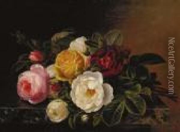 Yellow, Red, Pink And White Roses On A Marble Ledge Oil Painting - Johan Laurentz Jensen
