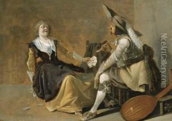A Soldier And A Laughing Girl In An Interior Oil Painting - Pieter Jansz. Quast