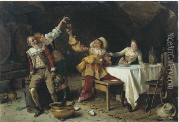 Brindisi Nella Taverna Oil Painting - Pompeo Massani