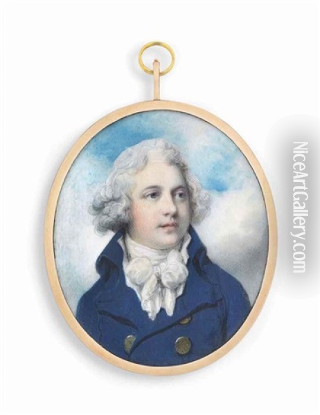 Richard Chetwynd, 5th Viscount Chetwynd Of Bearhaven, County Kerry (1757-1821) In Blue Coat With Brass Buttons, White Knotted Cravat, Powdered Hair Oil Painting - Richard Cosway