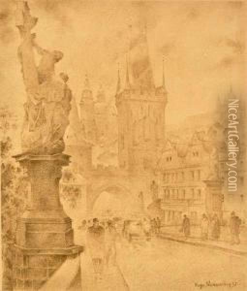 View Of The Lesser-quarter Bridge Tower Oil Painting - Hugo Steiner-Prag