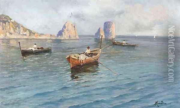 Fishermen off the Capri coast Oil Painting - Oscar Ricciardi