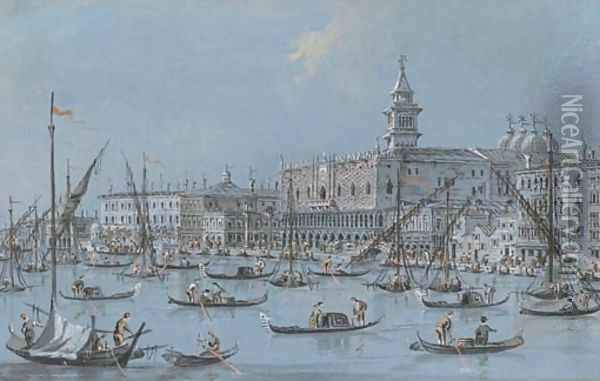 View of the Riva degli Schiavoni, Venice, with the Palazzo Ducale and Libreria di Sansovino Oil Painting - Giacomo Guardi