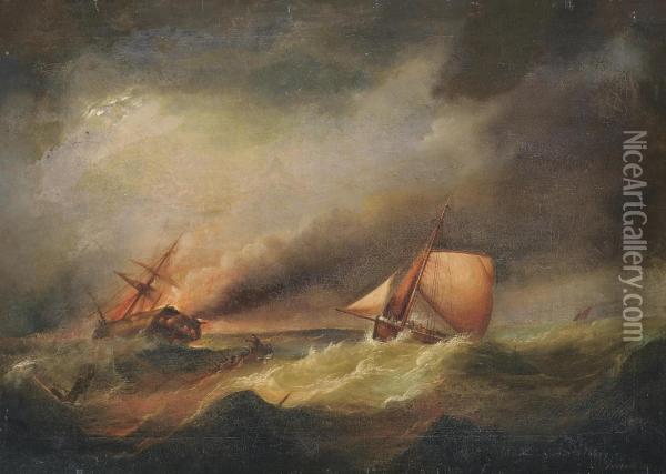 A Ship Ablaze With Rescue At Hand Oil Painting - Francis Hustwick