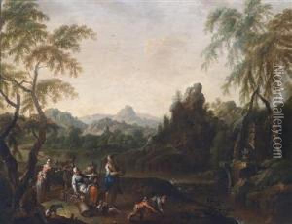 A Pair Of Southern Landscapes With Peasant Groups Oil Painting - Maximilian Joseph Schinnagl