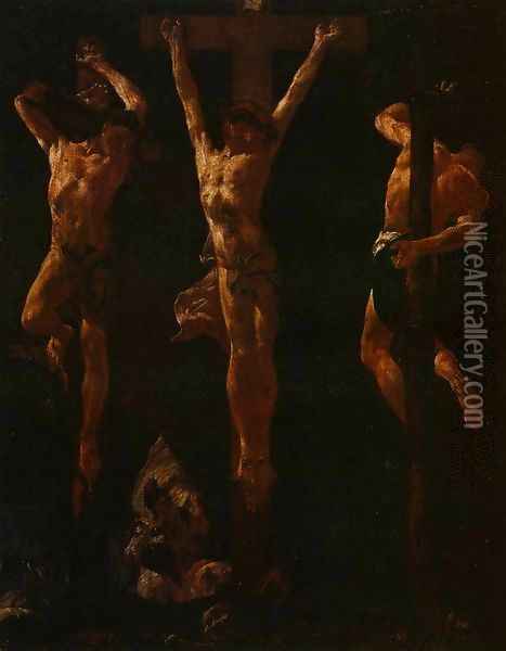 Christ Crucified between the Two Thieves Oil Painting - Giovanni Battista Piazzetta