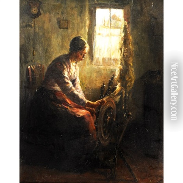 Woman Spinning Wool By A Window Oil Painting - Baruch Lopes de Leao Laguna