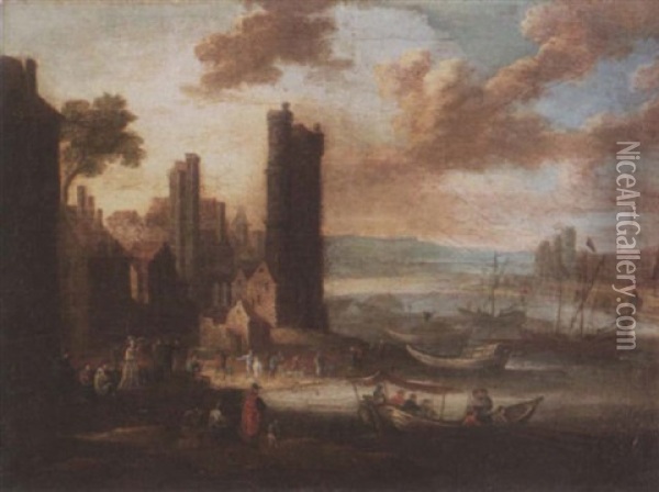 Figures In A Harbour Oil Painting - Mathys Schoevaerdts