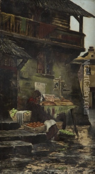 Woman On Town Market Oil Painting - Marian Wawrzeniecki