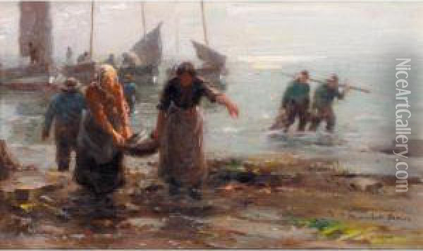 Landing Fish, Cockenzie Oil Painting - William Mason Brown