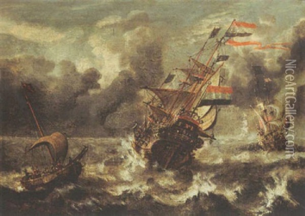 A Man-of-war And Other Sailing Vessels In Stormy Waters Oil Painting - Wigerus Vitringa