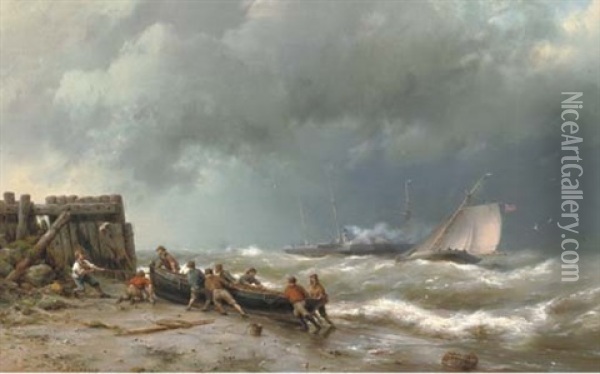 Pulling The Boat Ashore Oil Painting - Hermanus Koekkoek the Elder